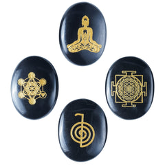 Crocon Black Agate engraved stone with Metatron's Cube for meditation focus.