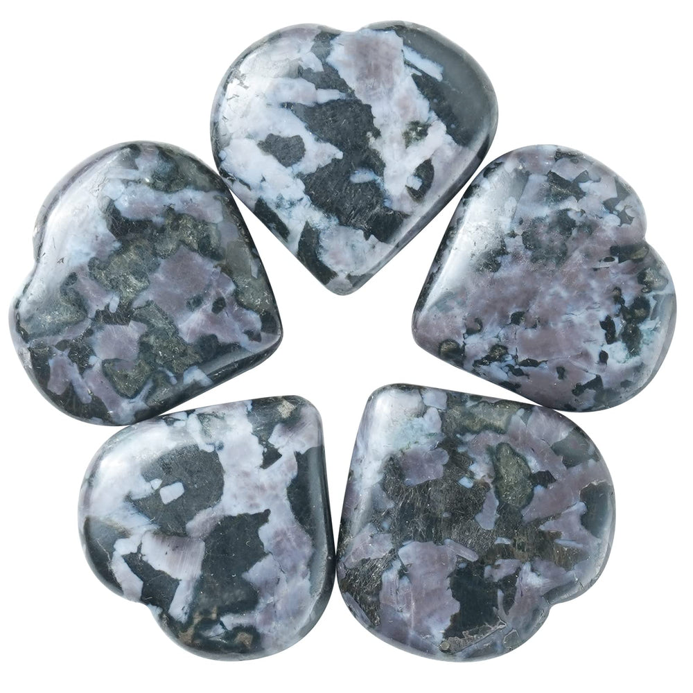 Crocon Indigo Gabbro heart stone 5pc set for mindfulness and decorative display.