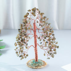 Crocon Labradorite gemstone tree with geode base promotes focus and calm ambiance.
