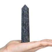 Crocon Indigo Gabbro tower wand close up of octagon eight sided point for chakra balance