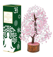 Crocon Rose Quartz Tree full shot with pink glow enhances calm home decor.