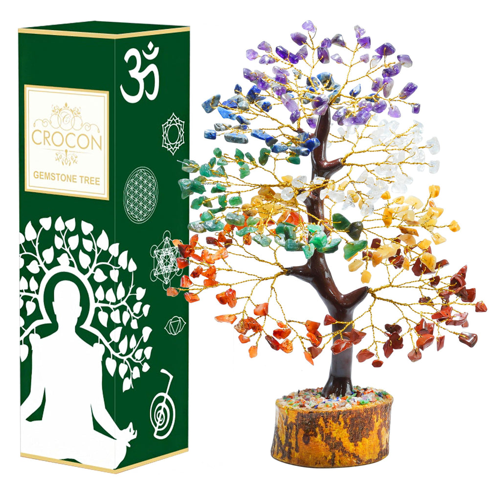 Crocon seven chakra gemstone money tree close-up showing vivid crystals and craftsmanship