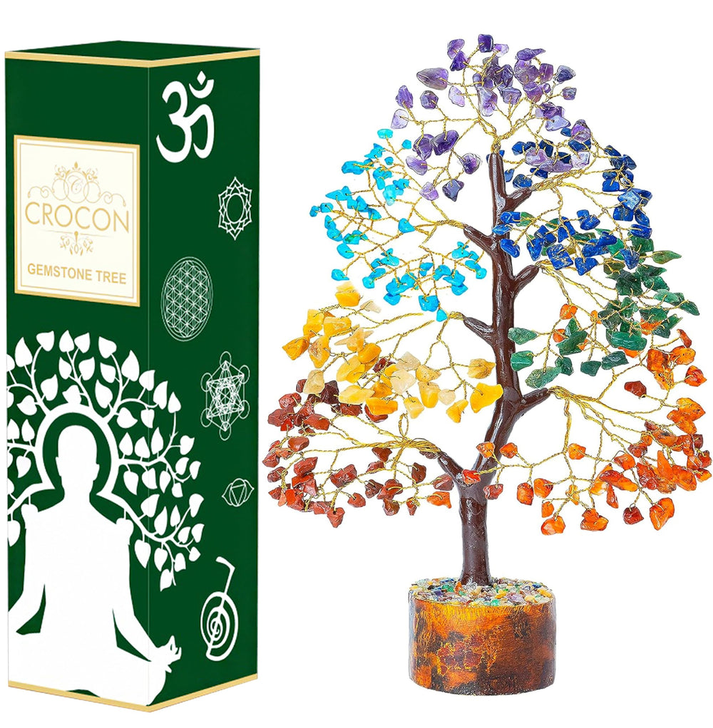 Crocon Seven Chakra Crystal Tree of Life on golden wire decor for energy balance