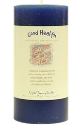 Crystal Journey Good Health Candle label featuring essential oil blend and affirmation.