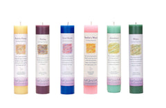 Crystal Journey six-pack pillar candles for meditation and positive energy rituals.