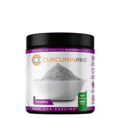 CurcuminPro TerraPro Bentonite Clay bottle highlights volcanic calcium clay for daily detox support