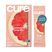Cure Hydration grapefruit packet front shows a convenient no-added-sugar electrolyte mix.