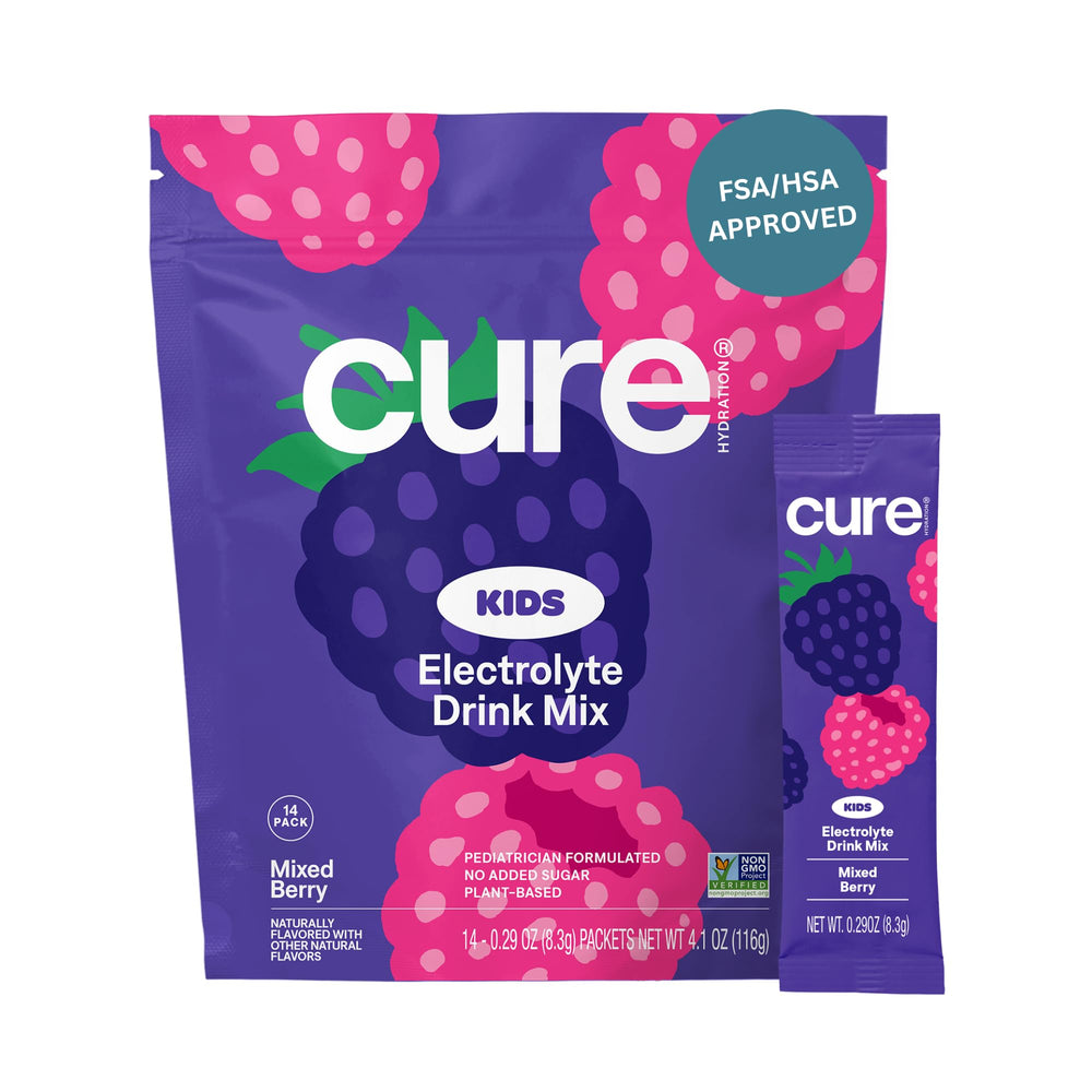 Cure Hydration Kids Mixed Berry packets dissolve quickly for on-the-go hydration.