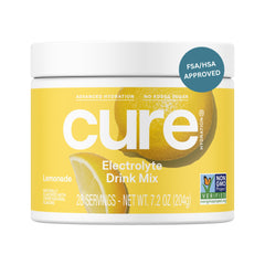 Cure Hydration Lemonade bottle showing plant-based electrolytes for refreshing hydration on the go