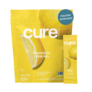 Cure Hydration Lemonade packet being poured into water for quick hydration.