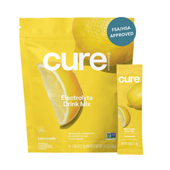 Cure Hydration Lemonade packet being poured into water for quick hydration.