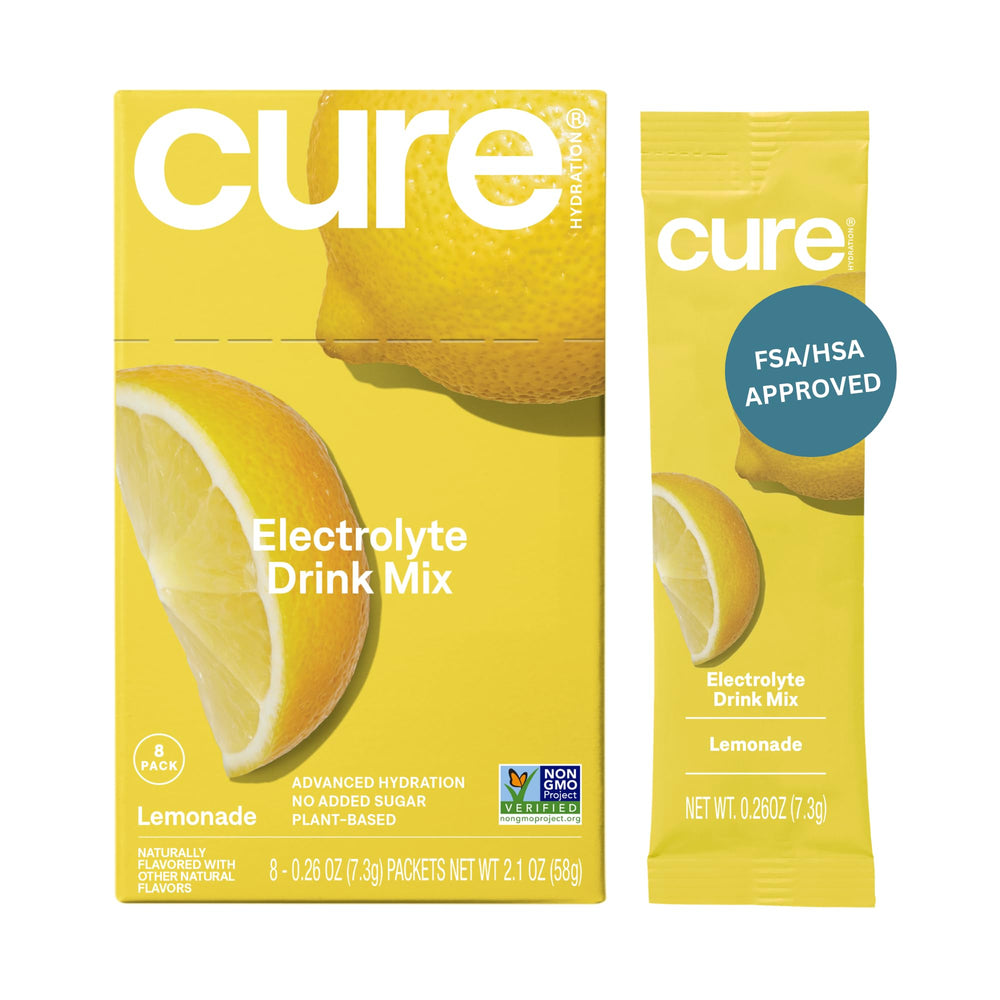 Cure Hydration Lemonade packet ready to mix for quick hydration.