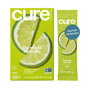 Cure Hydration lime packet closeup, plant-based electrolytes for quick rehydration.