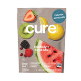 Cure Hydration packet closeup showing plant-based electrolytes for quick rehydration