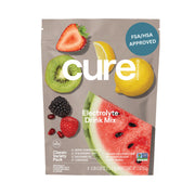 Cure Hydration packet closeup showing plant-based electrolytes for quick rehydration