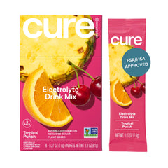 Cure Hydration polvo de electrolitos sabor Tropical Punch para hidratación rápida.