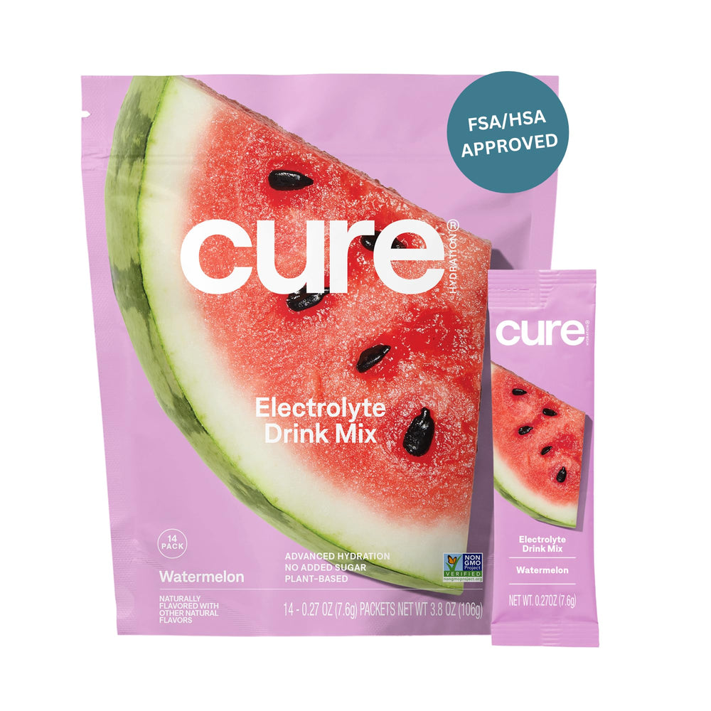 Cure Hydration Watermelon Packet ready to mix for refreshing daily hydration.