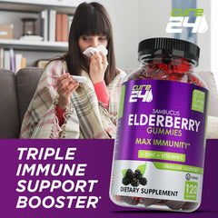 Cure24 Sambucus Gummies label shows Vitamin C and Zinc for natural support