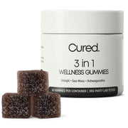 Cured 3 in 1 gummies bottle top view for daily energy support.