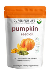 Cures For Life pumpkin seed oil with saw palmetto bottle supports prostate health.