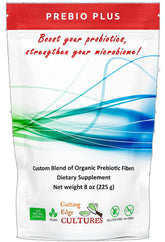 Cutting Edge Cultures Prebio Plus bottle showing the organic prebiotic blend for daily digestive support.