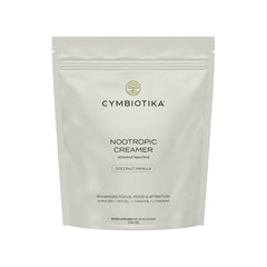 CYMBIOTIKA nootropic creamer bottle, keto-friendly and vegan, designed to support focused mornings.