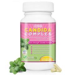 Cyrixs Health Candida Complex bottle with natural ingredients supporting vaginal balance.