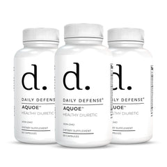 Daily Defense AQUOE Water Away bottle front view highlights bloating relief.
