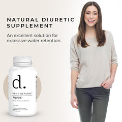 Daily Defense water pills bottle back highlights ingredients supporting gentle fluid balance and wellness