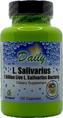 Daily Manufacturing L-Salivarius bottle front showing 120 delayed-release capsules for gut balance