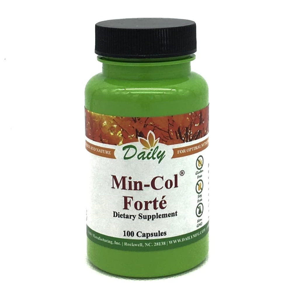 Daily Manufacturing Min-Col Forté bottle front showing natural mineral support for daily needs