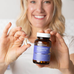 Daily Nouri Menopause Probiotic pour shot illustrating easy daily intake