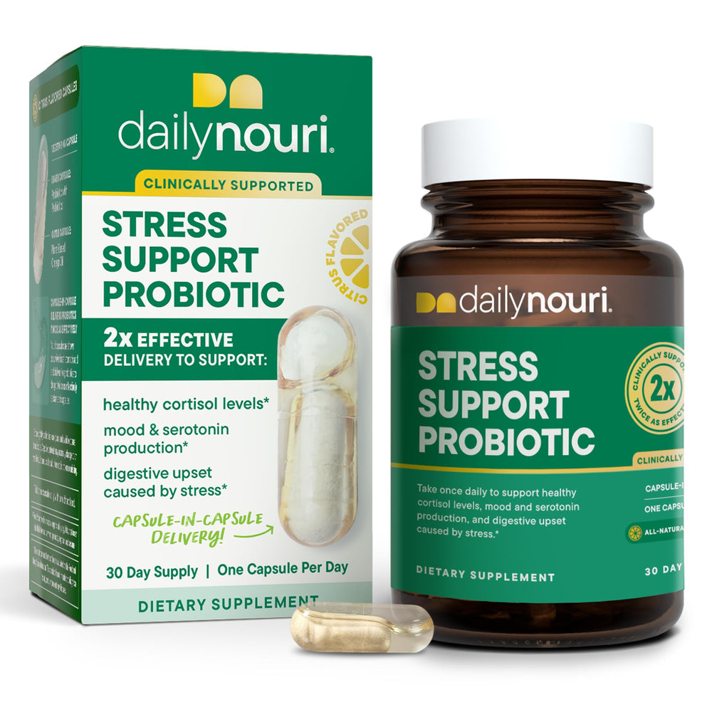 Daily Nouri Stress Support Probiotic bottle front for daily gut health and mood support.