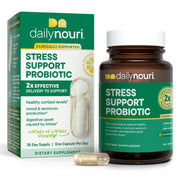 Daily Nouri Stress Support Probiotic bottle front for daily gut health and mood support.