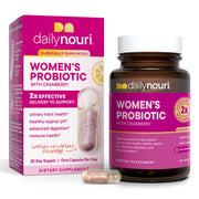 Daily Nouri Women's Probiotic bottle on a counter supports daily gut and urinary balance.
