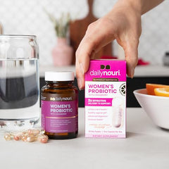 Daily Nouri Women's Probiotic capsules close-up highlights capsule delivery to the gut.