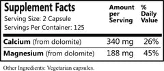 Daily Manufacturing Dolomite nutrition facts table displaying 340 mg calcium and 188 mg magnesium.