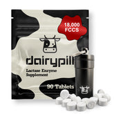 DairyPill bottle shows 18,000 FCCs per pill for dairy digestion