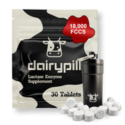 DairyPill lactase bottle pouring for easy dairy digestion on the go.