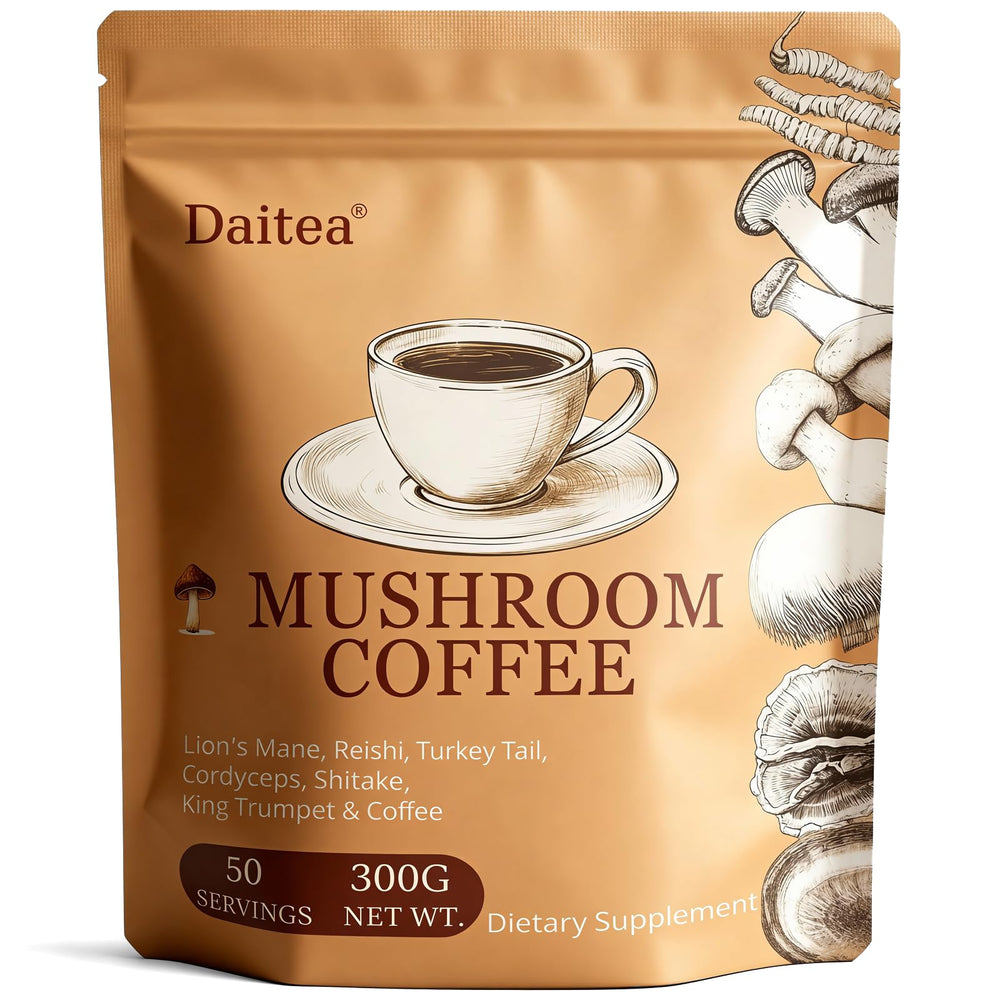 Daitea Mushroom Coffee pouch front showing premium adaptogens for daily energy.