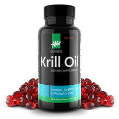 Daiwa Krill Oil softgel bottle for easy daily omega-3 intake and overall wellness.