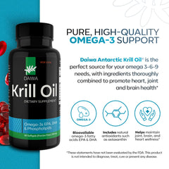 Daiwa Krill Oil softgel label highlights EPA and DHA content for informed dosing.