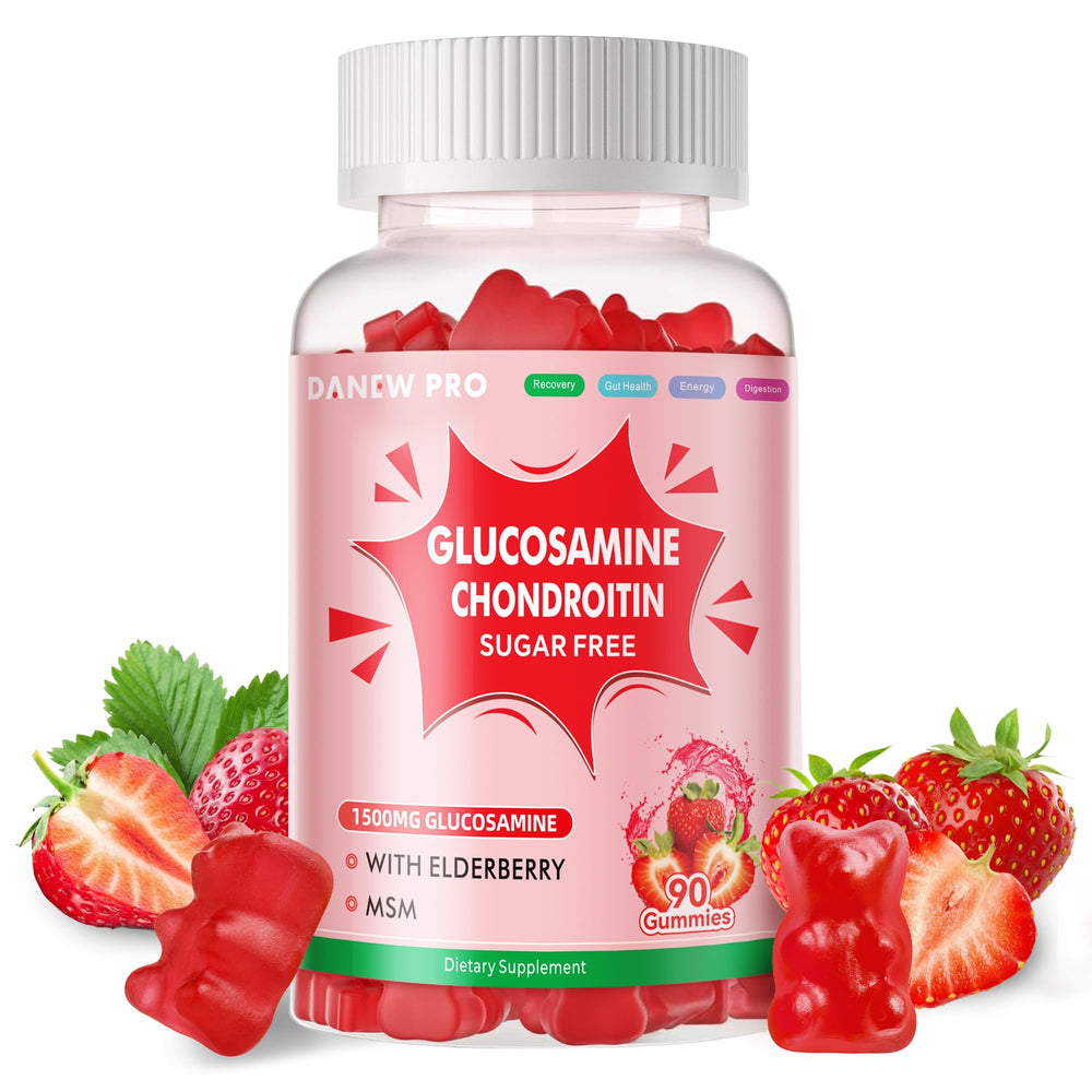 DANEW Pro glucosamine chondroitin gummies bottle front for joint support, strawberry flavor