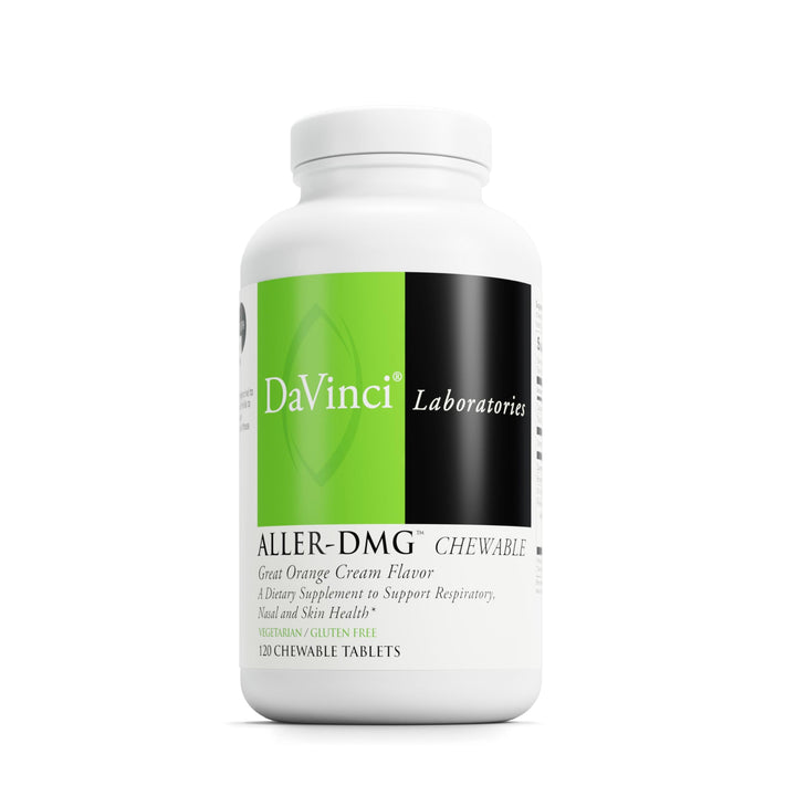 DAVINCI Aller-DMG chewable bottle highlights orange cream flavor for convenient daily immune support