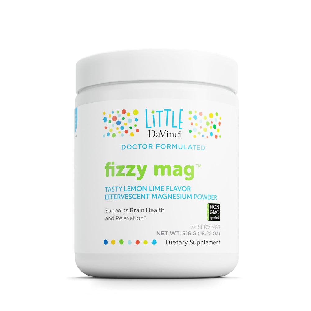 DAVINCI Little DaVinci Fizzy Mag bottle shows kid-friendly magnesium supplement for daily brain support.