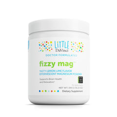 DAVINCI Little DaVinci Fizzy Mag bottle shows kid-friendly magnesium supplement for daily brain support.