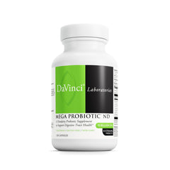 DAVINCI Mega Probiotic ND bottle shown, promoting gut support and overall balance.