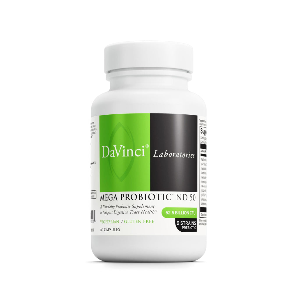 DAVINCI Mega Probiotic ND50 bottle front view showing non-dairy formula for daily gut support