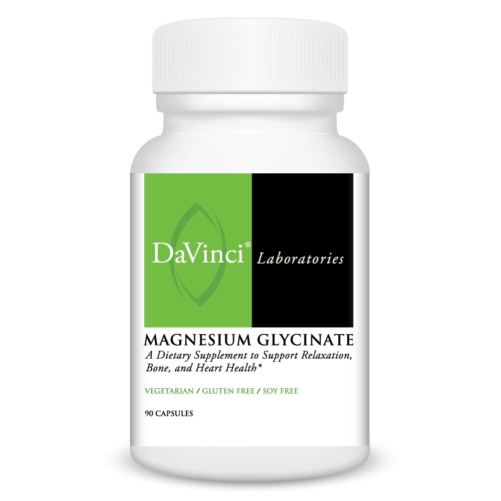 DaVinci Magnesium Glycinate bottle front view highlighting stomach-friendly formula.