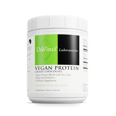 Davinci Vegan Protein powder bag front highlights plant-based protein blend for muscle support.